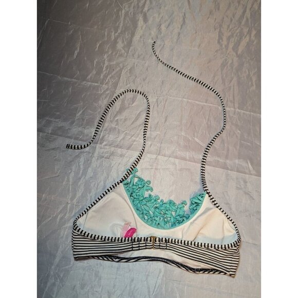 PINK Victoria Secret bikini swim TOP Striped & Aqua fringe halter Size Small - Picture 12 of 14